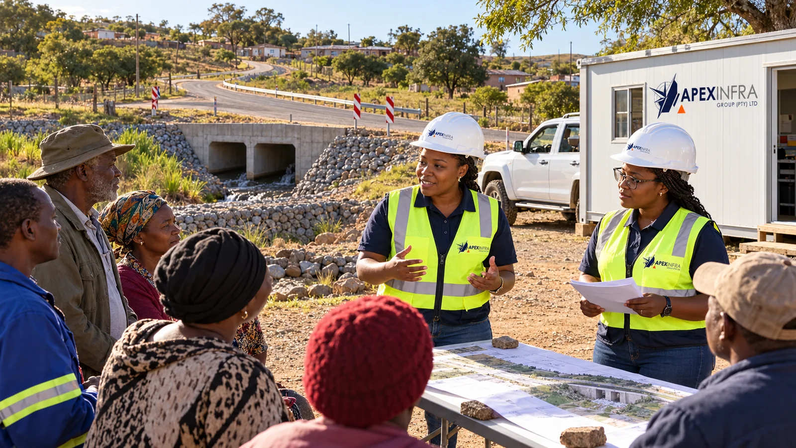 Illustrative scene of engineers and community members reviewing plans beside a road and bridge.