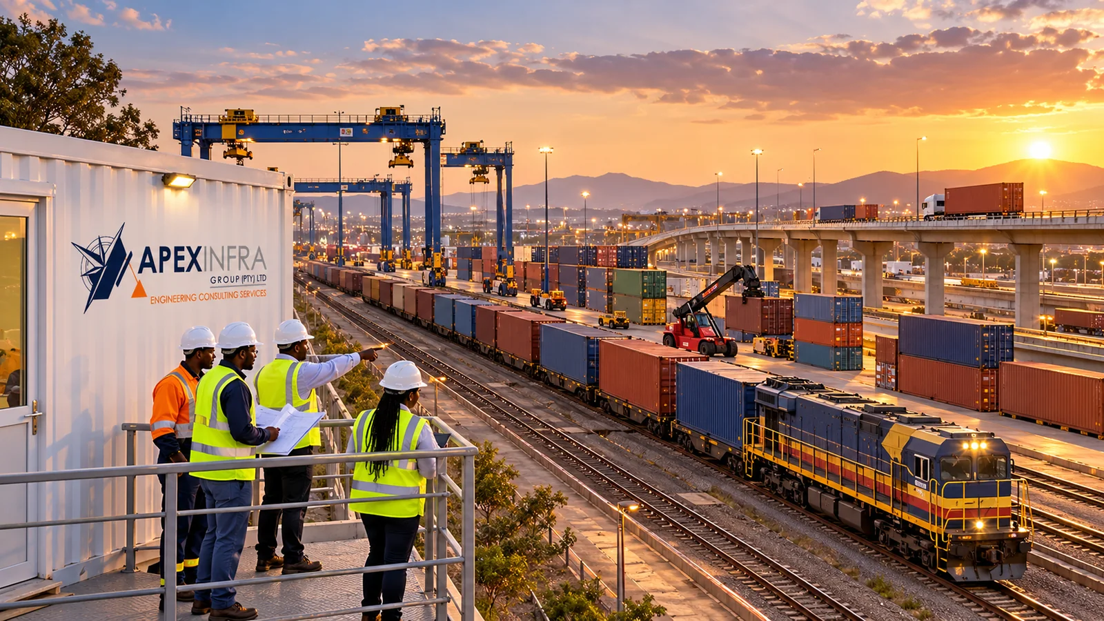 Illustrative scene of an intermodal corridor at sunset, with a freight train, container cranes, an elevated route and a field team.