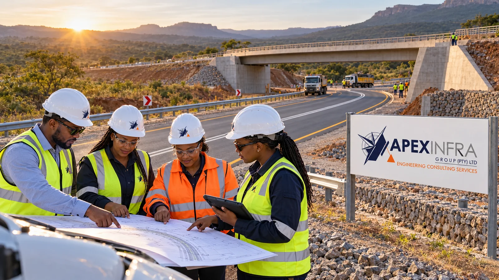 Illustrative scene of a site team reviewing plans beside a road and bridge at sunrise.
