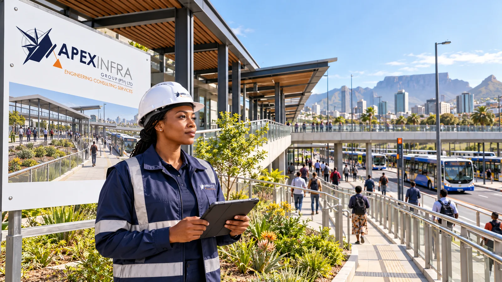 Illustrative scene of an engineer with a tablet at a public transport interchange, with buses and people moving through the station.