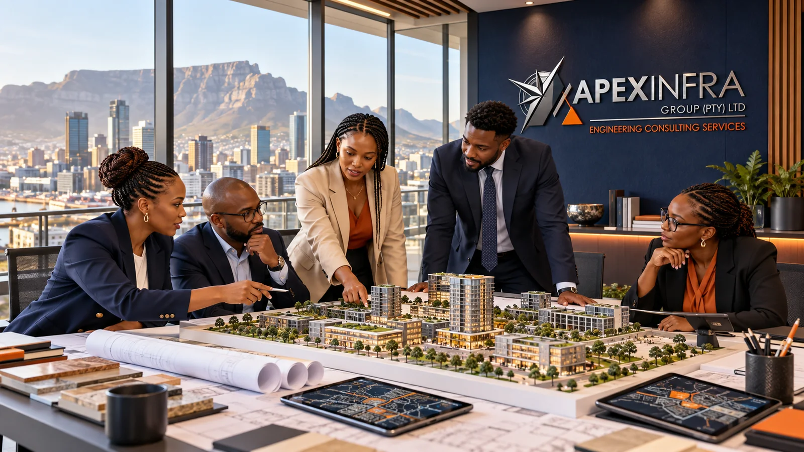 Illustrative scene of a team reviewing an urban development model in a studio overlooking a city and mountain range.