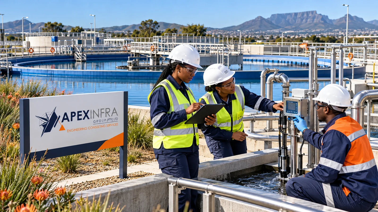 Illustrative scene of engineers inspecting pipes and instrumentation at a water treatment facility.